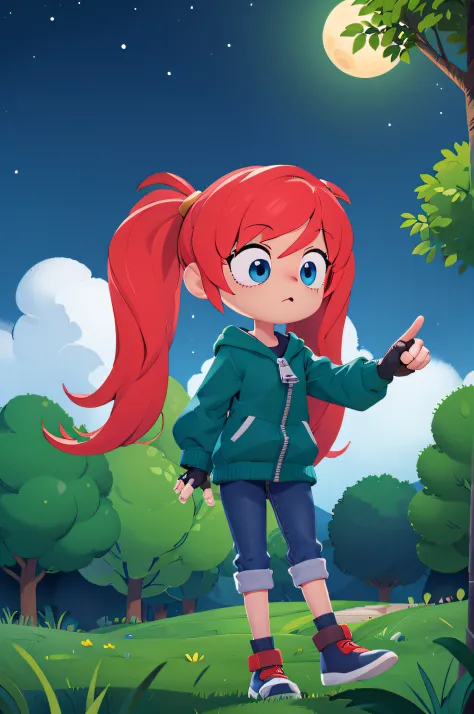 detailed background, superb, 1girl, flustered, concentration, casting spell, solo, blue eyes, gloves, twintails, red hair, outdoors, sky, day, green hood, fingerless gloves, tree, pointing, zipper, darkness, vibrant colors, dark background, highly detailed...