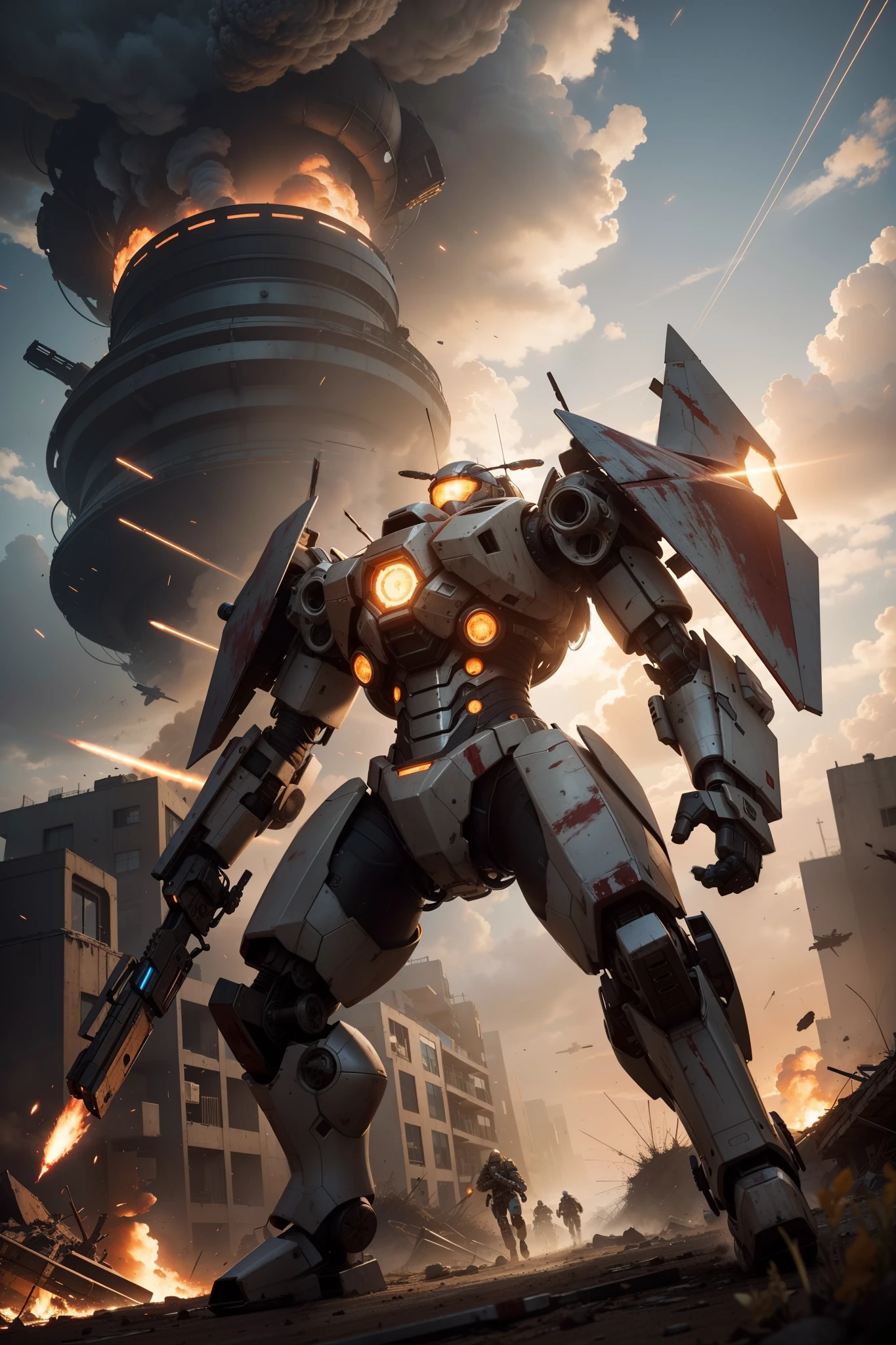 Look up at the perspective，（Digital artwork：1.3）（a sketch：1.1）Octane renders a wasteland，Swirling thick clouds，smog，Flying machines in the sky fierce battle，weed，Dilapidated houses，gravel path，Sunset，dark red color，（（A girl in a combat uniform stood in front of the badly damaged and broken mech）），（（The girl's long messy hair fluttered，Blood，closeup cleavage）），（Stubborn），（Steadfast），（blood stains at the corners of the mouth），（Messy long hair flying），（（（The mech was spattered with blood））），（Mars splashes），（（Broken upper body mech，Dropped mech fragments）），（Exposed wireecha is depicted finely）），（（（super-fine））），shot at 8k resolution，petrol liquid，Firelight，Missiles streaked across the sky，weeds，gravel path，blasts，splashart，（（Dynamic speed lines：1.2）），Lithography in intricate details，dongh（Light particles：1.2），（game concept：1.3），（depth of fields:1.3),Global illumination,detail-rich，Trends on ArtStation，Epic shooting，Cinematic lighting