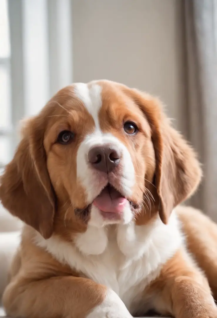 The cutest but also the biggest dog ever, brown and white spots, tongue out, happy expression, sitting down