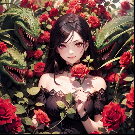 Queen of Roses. Fanged roses surround a beautiful woman. She wears a gothic dress. She has red eyes. Vine monsters are intertwin...