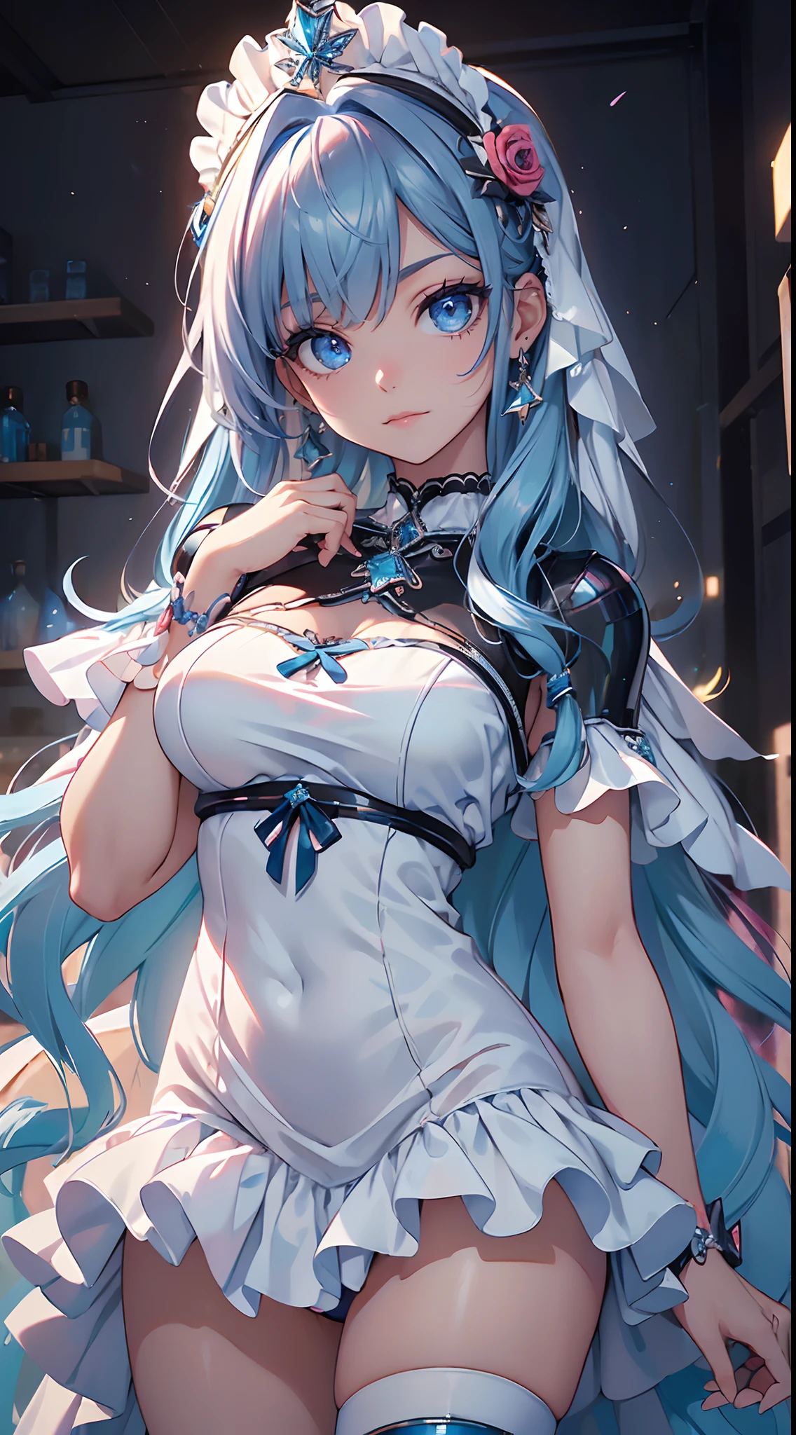 Best Quality，tmasterpiece，ultimate resolution，suave，extremely colorful，Color，mermaid princess，(white Lolita Dress:1.4)，Black stockings，Starrysky Android!,More detailed 8K.unreal engine:1.4,UHD,La Best Quality:1.4, photorealistic:1.4, skin texture:1.4, Masterpiece:1.8,first work, Best Quality,object object], (detailed face features:1.3),(Blue Robotic Laboratory:1.4),(long pink hair:1.4),（Beautiful and detailed eye description）,(hands:1.4),(mostrando su panties white:1.4),(showing back:1.4 )