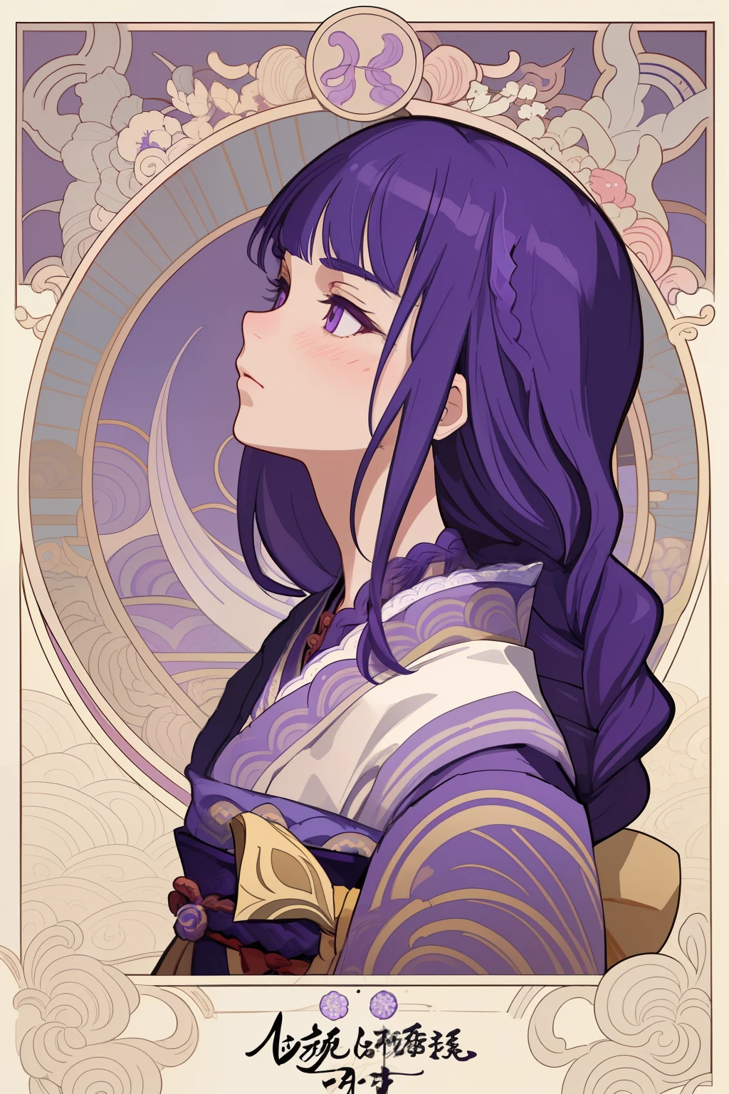 Art Nouveau Style, poster in a theater, (art by wes anderson), upper body, blush, profile ,(masterpiece, finely detailed beautiful eyes: 1.2), 1girl, solo, (raiden shogun:1.4), purple hair, purple eyes, bangs, braid, braided ponytail, hair ornament, japanese clothes, kimono, sash,red sash, beautiful, small details, ultra detailed, best quality, intricate, sharp, digital illustration, detailed,