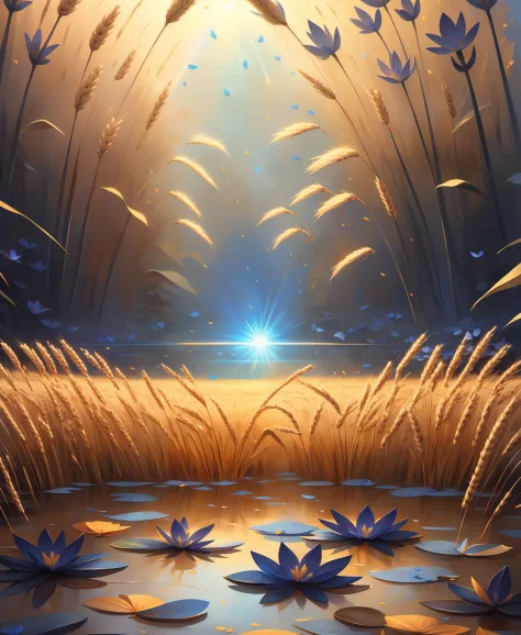 spectacular digital painting, (masterpiece, detailed, official art:1.2), (hellish lily wheat,blue petals:1.3), (refracting light...
