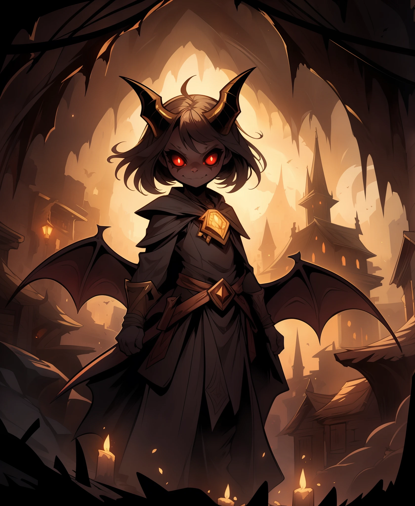 邪恶的小可爱蝙蝠恶魔，长着金角,  住在山洞里, 
2D漫画插图, 
動漫 幻想, 
细墨粗线, 
卡通陰影, 
輪廓, 
神秘, 
黑暗的, 
阿爾方斯·穆夏, 
塞勒姆镇 2, 
最黑暗的地牢, 
伊拉图斯:死者之主