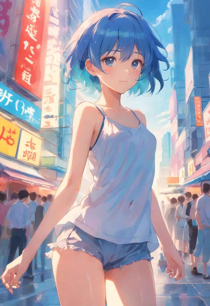 Chica anime con pantalones cortos y camiseta sin mangas caminando por una  calle muy transitada - SeaArt AI