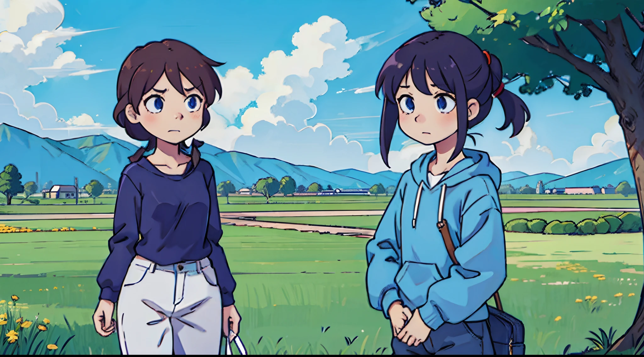 Anime characters standing in a field with a tree in the background 
