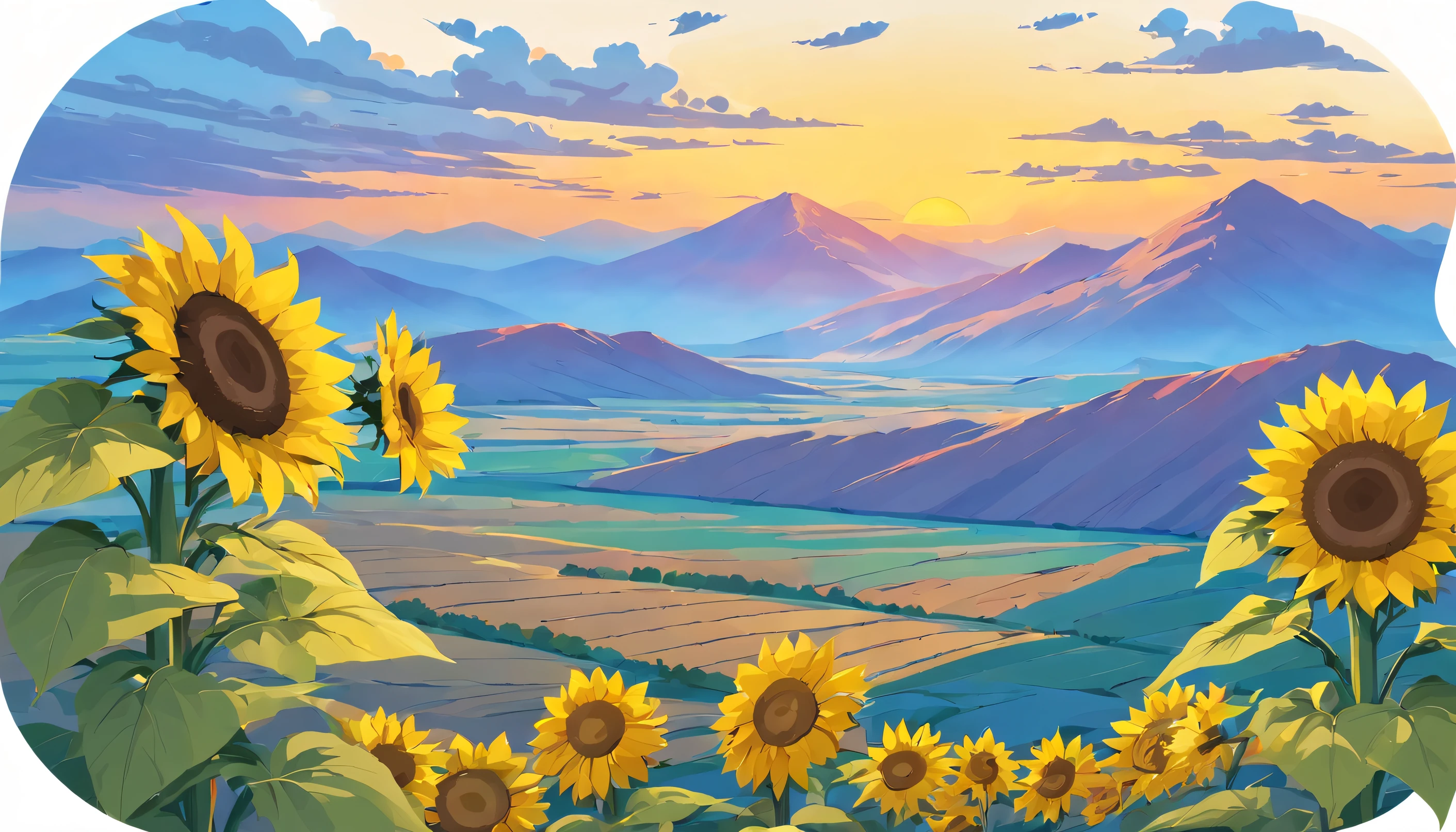 Désert au loin Courbe du fleuve Jaune qui coule à travers Il y a un grand champ de tournesols dorés devant Sous le ciel bleu Le paysage est magnifique Champ de tournesols ensoleillé Autocollants Shinkai Makoto Style plat