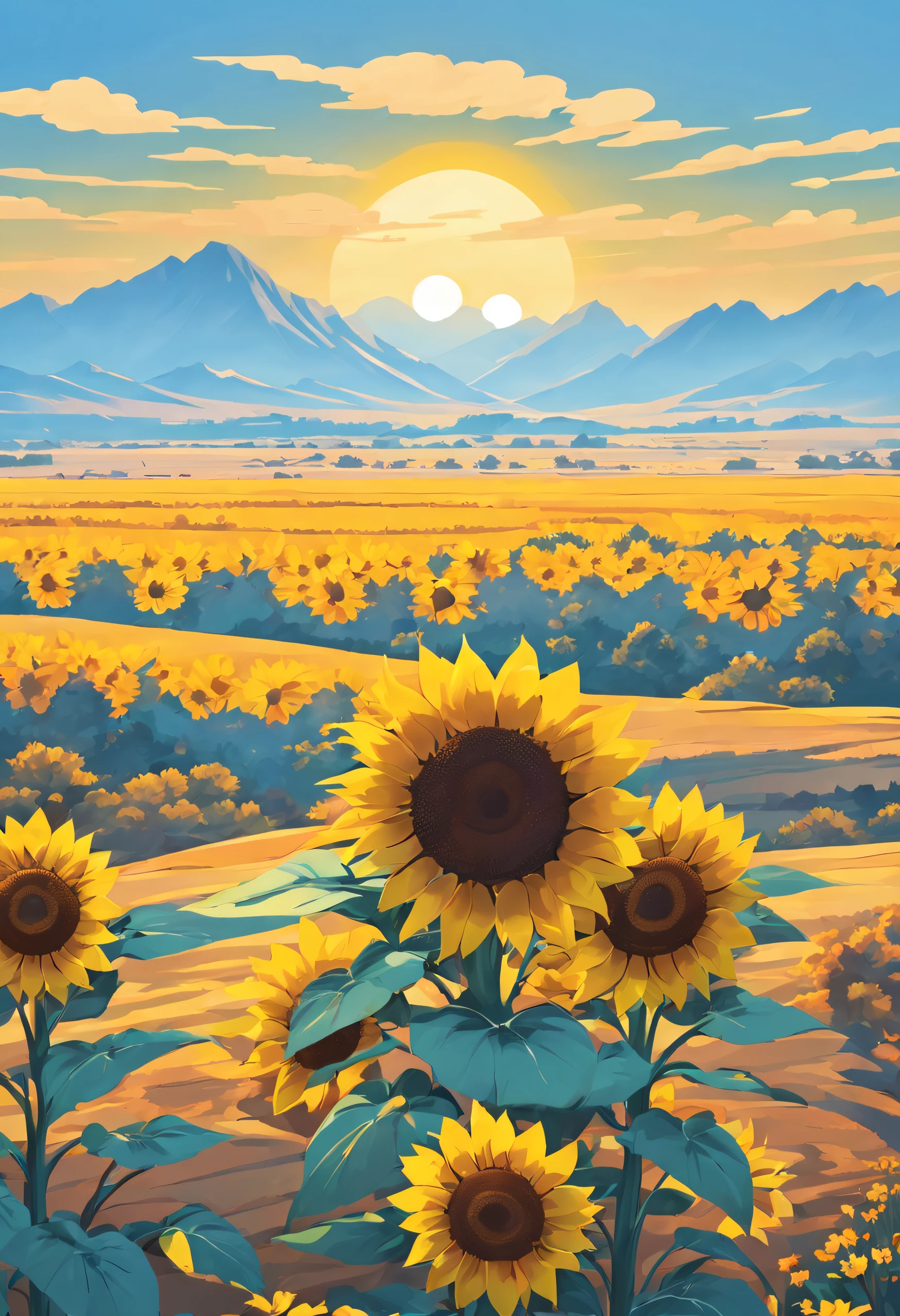 Desert in the distance Yellow River bend flowing through There is a large golden sunflower field in front Under the blue sky The scenery is beautiful Sunny Sunflower field Shinkai Makoto Stickers Flat style