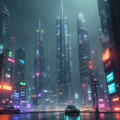 A city of the future, many skyscrapers, blade runner style, hyper-realistic, octane render, realistic, street with cars, rain, an android woman wearing VR headset, cinematic, 8k, very intricate, 80s, night