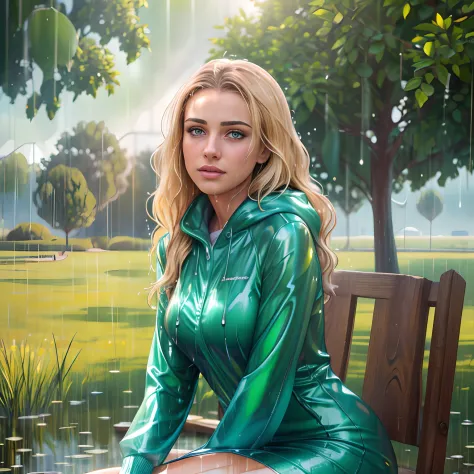 a beautiful young american woman in the rain, dress, sitting, green field, Style-Empire, (Style-Glass), (((surrealism))), full_b...
