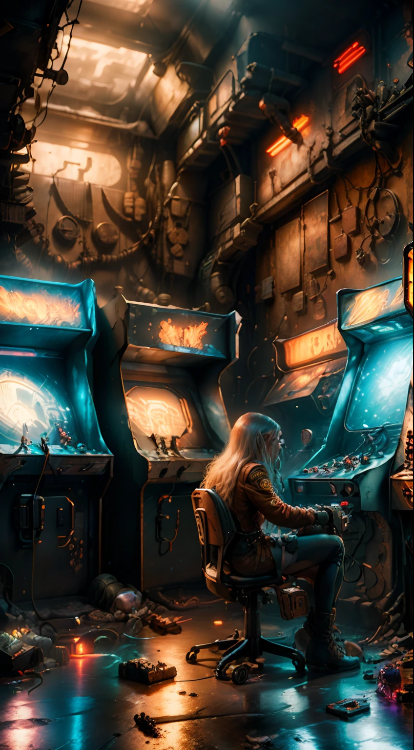 Online arcade game arcade wired chaos retro futuristic scene, 1girll, Simulation technology, Mechanical delay, Wiring assemblies, Ultrago Austin Metal Routing, Iris Van Buren, karol bak, Beksiński's obituary, David Falls fanart gadget machine