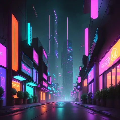 (best quality, masterpiece), a futuristic cyberpunk city bathed in neon lights, slick and dark alleys, a bustling street corner, towering skyscrapers reflecting glittering colors from the night sky.
