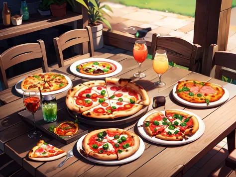 There are lots of pizzas on the table with glasses of juice, pizza em uma mesa, comer fora, pizza!, summer scenery, pizza em primeiro plano, comer pizza, family dinner, lindo dia ensolarado, pizza italiana, obra-prima obra de arte, alta qualidade detalhada...
