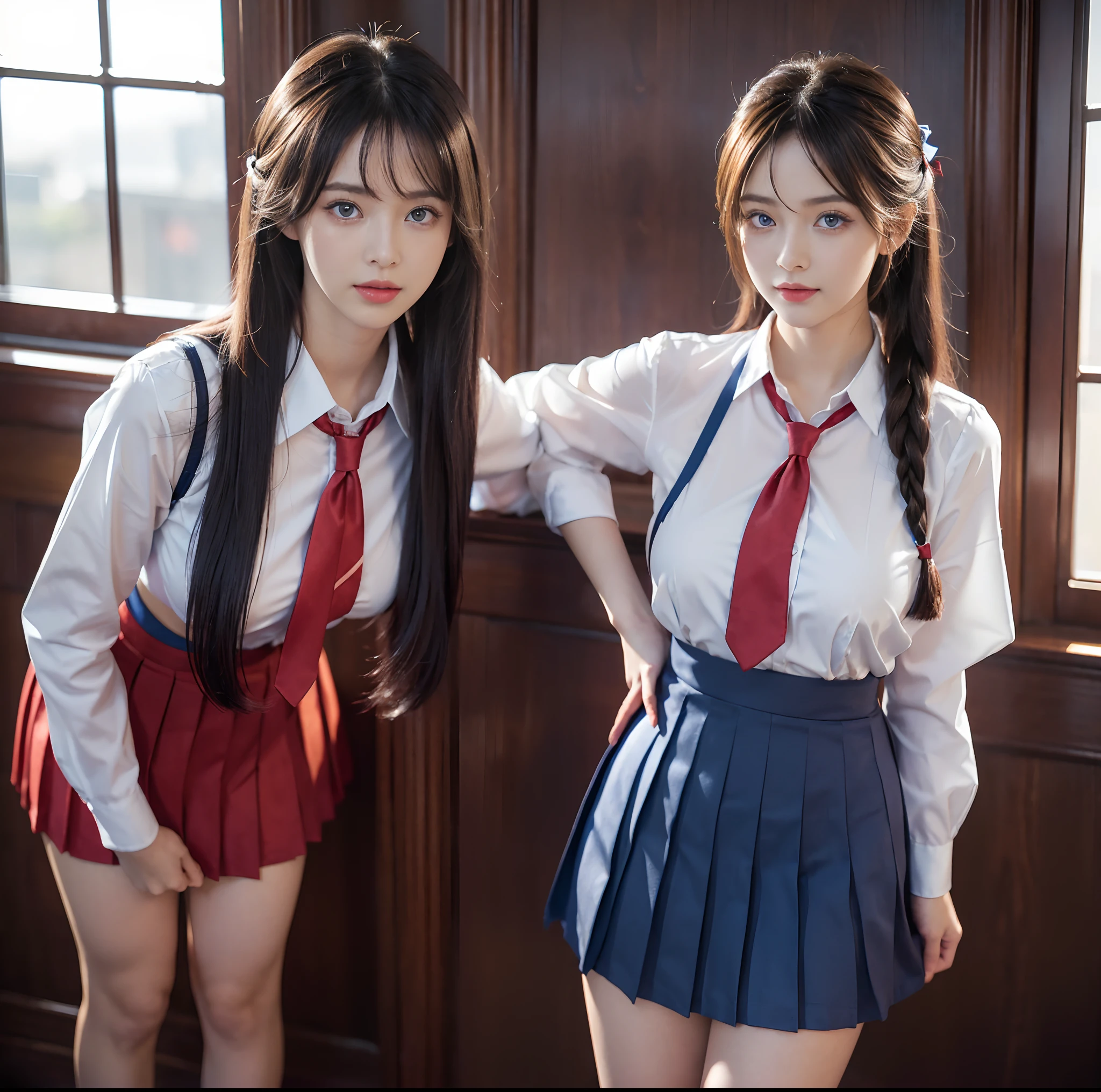 top-quality, ​masterpiece, (Professional lighting without shadows), A hyper-realistic, Bewitching, perfect anatomia, Two girls, (Proudly stand in front of the camera、Girl showing off ribbon tie, Another girl on the other side、Bend over and stick your butt out towards the camera), ( Huge breasts:1.2), Bright and even whitening skin without wrinkles and steps, (bright beautiful blue eyes with long eyelashes and red tear bags、Reflected a lot of light:1.3)、 Braided half-up hair with bangs, (Her outfit is、Dress up a tight-fitting cramped schoolgirl uniform with an ultra-short ultra-mini pleated skirt:1.3), (Proudly showing off a crimson ribbon tie from the front), (Another girl on the other side、To beautifully emphasize the proud ultra mini pleated skirt、Showing off a pose with the buttocks exposed from directly behind:1.2), (Beautiful face squinting in dazzling light), (ssmile), wlop