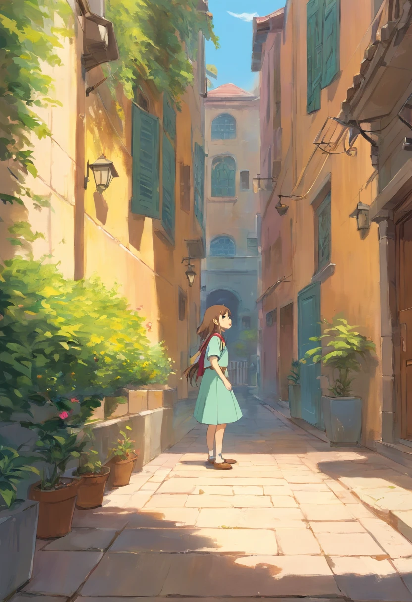 Anime girl in a blue dress walking down a narrow alley - SeaArt AI