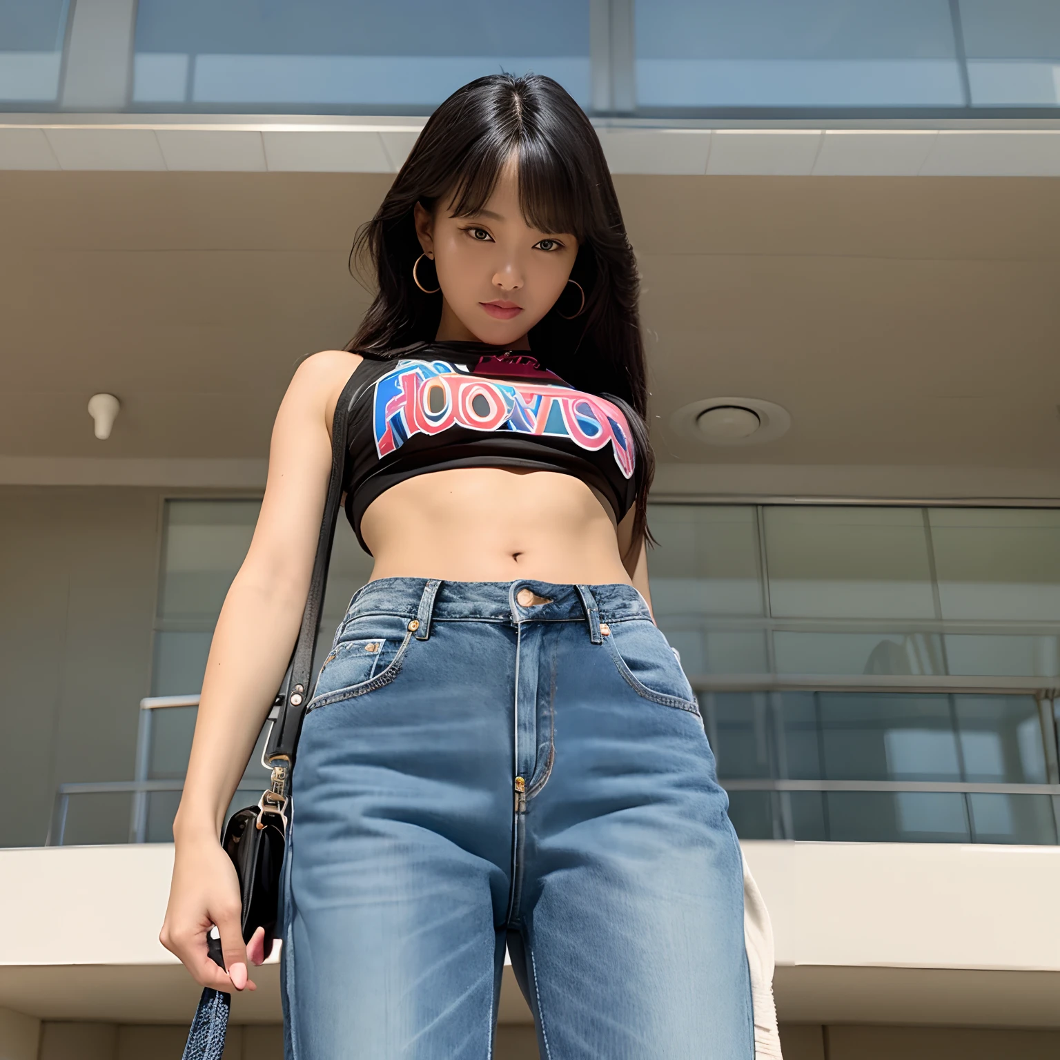 Araffed asian woman in a crop top and jeans posing for a picture - SeaArt AI