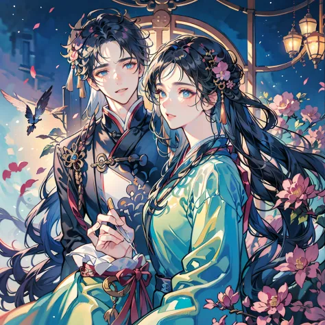 Two men., attractive, lover, Finely detailed eyes and detailed face, long-haired, fantasy, Spectacular backgrounds, Fluttering f...