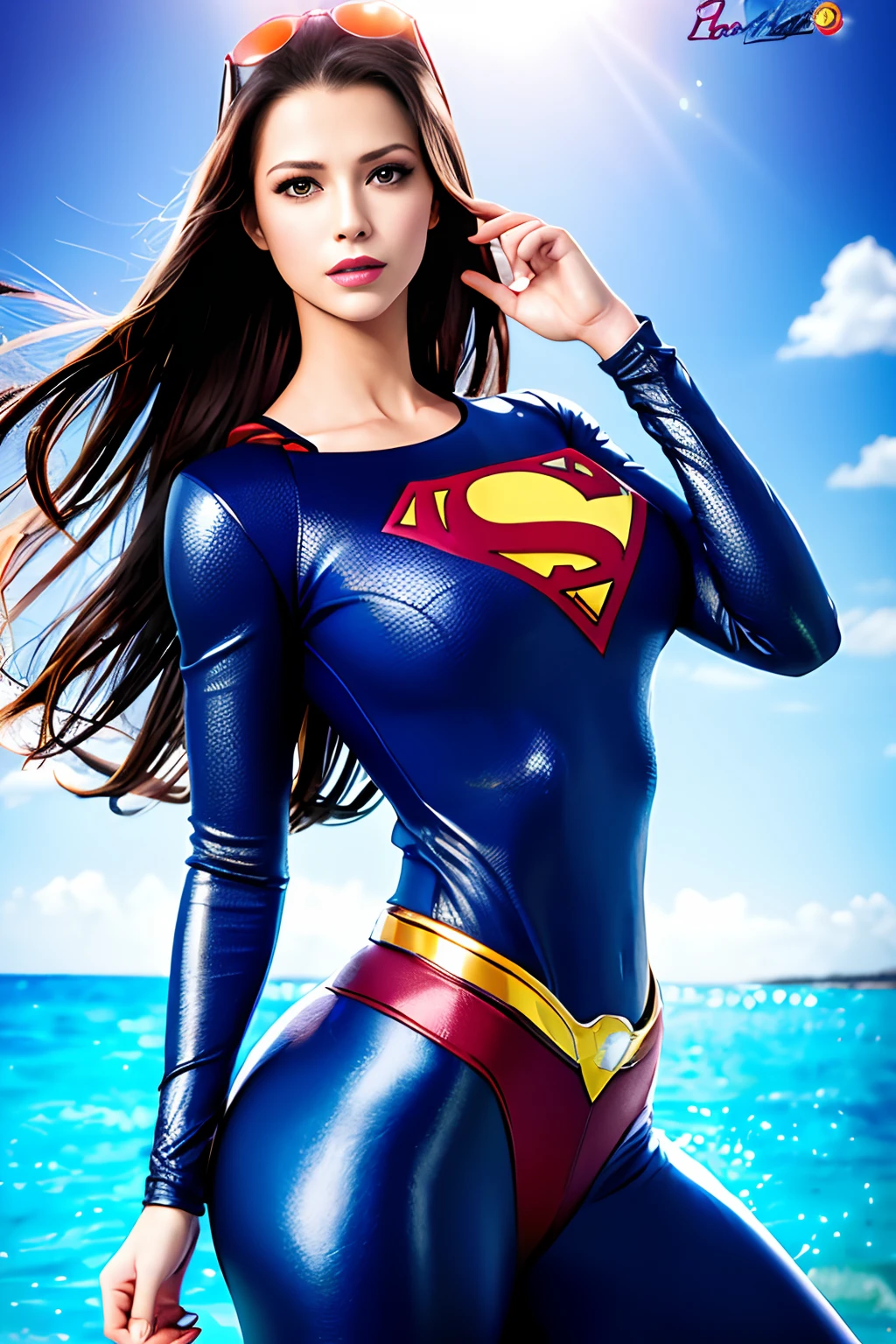 (Masterpiece+melhor qualidade+high resolution+ultra-detalhado), Melissa Benoist com cabelos loiros\(one piece\), longos cabelos loiros sedosos, nariz alto, olhos azuis afiados, noble and inviolable temperament, (([feminino]: 1.2 + [Beleza]: 1.2 + cabelo longo loiro: 1.2)), fundo das Escrituras do Egito, (one piece), jaqueta de gola com letra S do superman, topo de corte, diafragma, umbigo, Sarongue, mangas curtas, eyewear on headwear, zipper, parcialmente descompactado, Tiroteio de Cowboy, olhos aqua, Dynamic angle and posture. With superman's S symbol in the background.