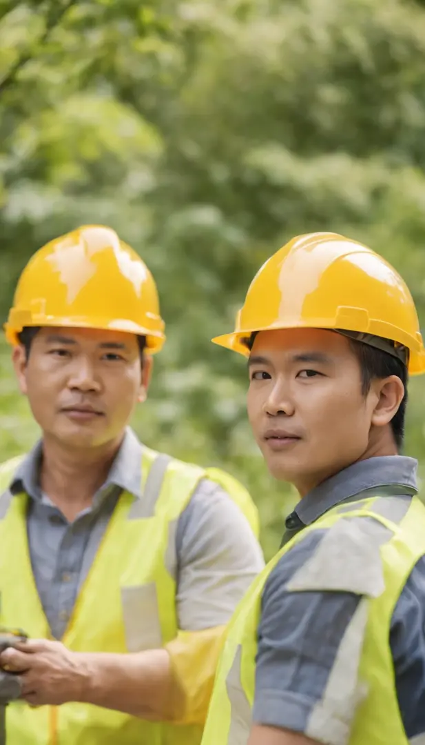 Project background shoot, Garden construction, well drilling construction work on the garden, drilling equipment installed by two asian construction workers, wearing construction vest, wearing yellow construction helmet