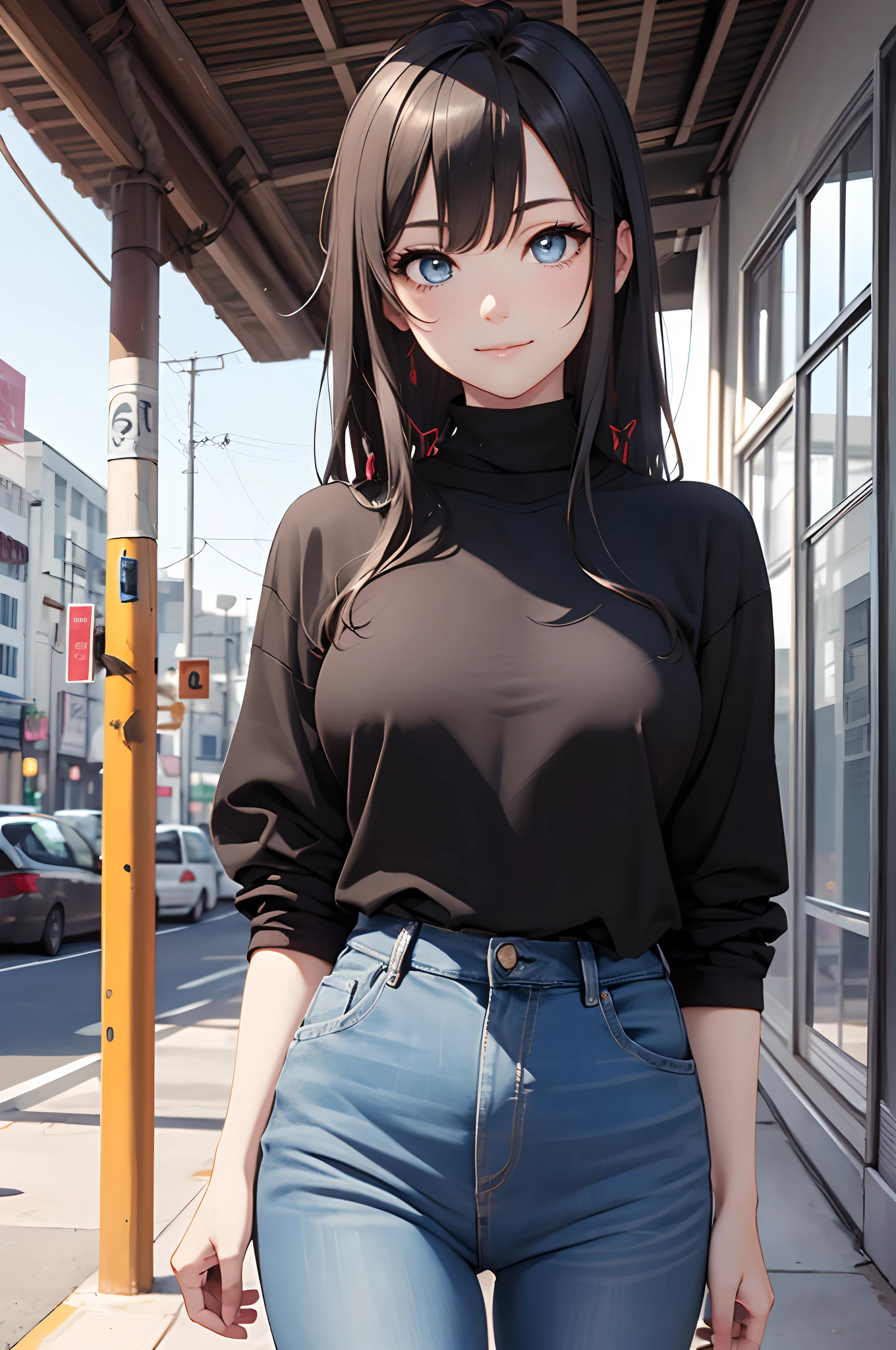 (masterpiece, best quality:1.2), solo, 1girl, yukinoshita yukino, slight smile, looking at viewer, ((turtle neck T-shirt, black colored, black tutrle neck T-shirt, full sleeves, long sleeves)), ((blue denim jeans, full length)), afternoon, outdoors, city, BREAK looking at viewer, (smile), (medium boobs), BREAK (masterpiece:1.2), ((cowboy shot)) best quality, high resolution, unity 8k wallpaper, (illustration:0.8), (beautiful detailed eyes:1.6), extremely detailed face, perfect lighting, extremely detailed CG, (perfect hands, perfect anatomy),