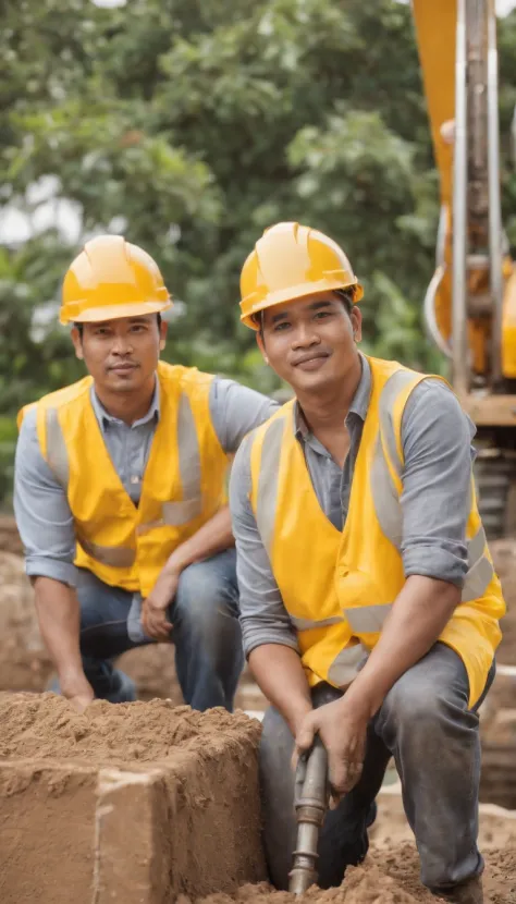 Project background shoot, Garden construction, well drilling construction work on the garden, drilling equipment installed by two Indonesian construction workers, handsome construction guys, Indonesian male models, wearing construction vest, wearing yellow...