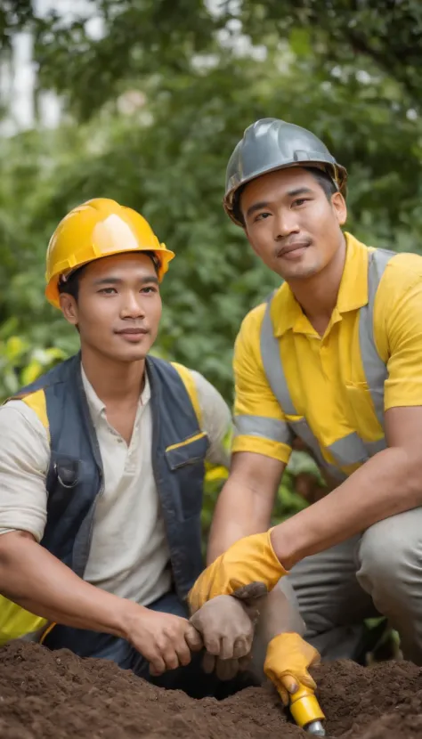 Project background shoot, Garden construction, well drilling construction work on the garden, drilling equipment installed by two Indonesian construction workers, handsome construction workers, Indonesian male models, white skin, delicate eyes, wearing con...