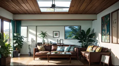 Living room, mid-century modern, bright and airy, monstera plant, exotic ceiling fan, rattan, tv counter, tv on the wall, whitewash wall, zen, wabi sabi, square coffee table, computer desk in the back, 4k