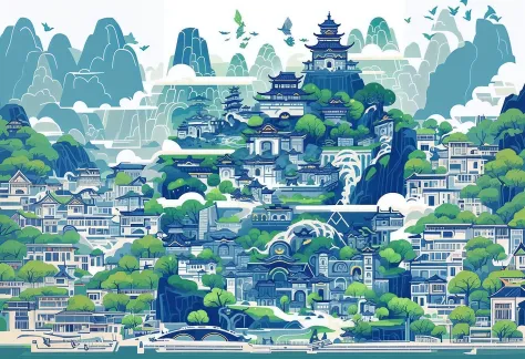 Vector illustration，The buildings in Guilin City are green and blue，City of Guilin，Guilin-style patterned lines, Guangxi，white b...