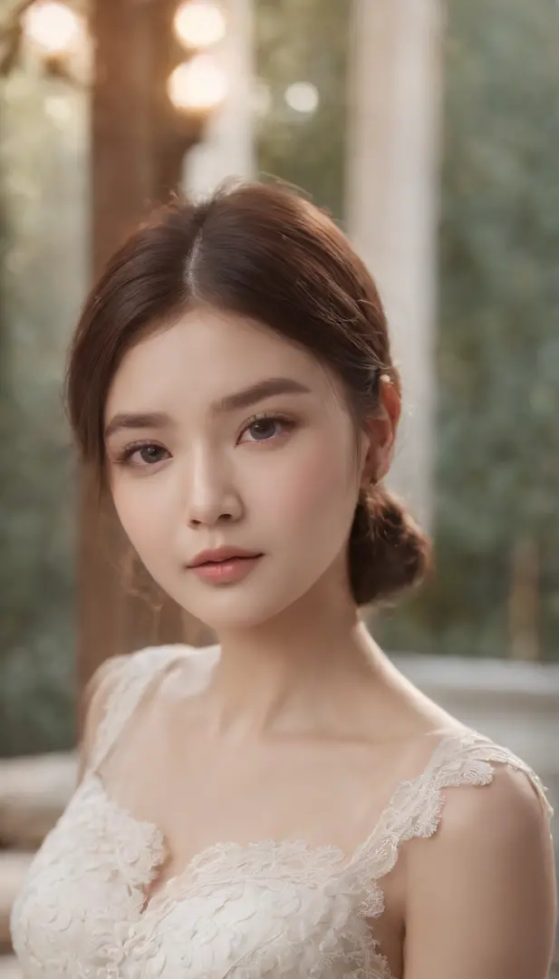 (daydream), 1girl, solo picture, Kim Yoo-jung, (pretty young face (Russian)), focus chest, (asymmetrical bob), (lace dress), (8k HD extremely realistic detailed face:1.5 (soft scene, very low lightning), detailed beautiful reflection pupils, masterpiece:1....