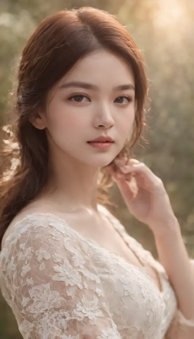 (daydream), 1girl, solo picture, Kim Yoo-jung, (pretty young face (Russian)), focus chest, (asymmetrical bob), (lace dress), (8k HD extremely realistic detailed face:1.5 (soft scene, very low lightning), detailed beautiful reflection pupils, masterpiece:1....