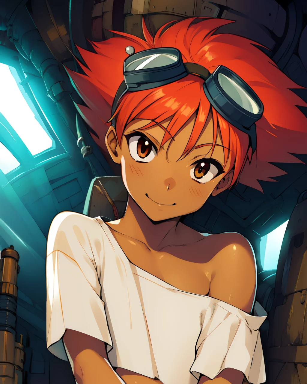 Edward,  tan skin, tomboy, midriff, orange hair, (white loose shirt), off shoulder, spiked hair, barefoot, bike shorts, brown eyes, goggles on head, upper body, 
space station, engine room, 
 (insanely detailed, beautiful detailed face, masterpiece, best quality)  volumetric lighting, best quality, masterpiece, intricate details, tonemapping, sharp focus, hyper detailed, cute smile