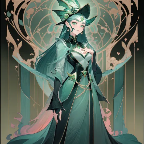 1 beautiful woman，A Necromancer，Green clothing，standing full-body，独奏，Clear facial features，Transparent background，(tmasterpiece，...