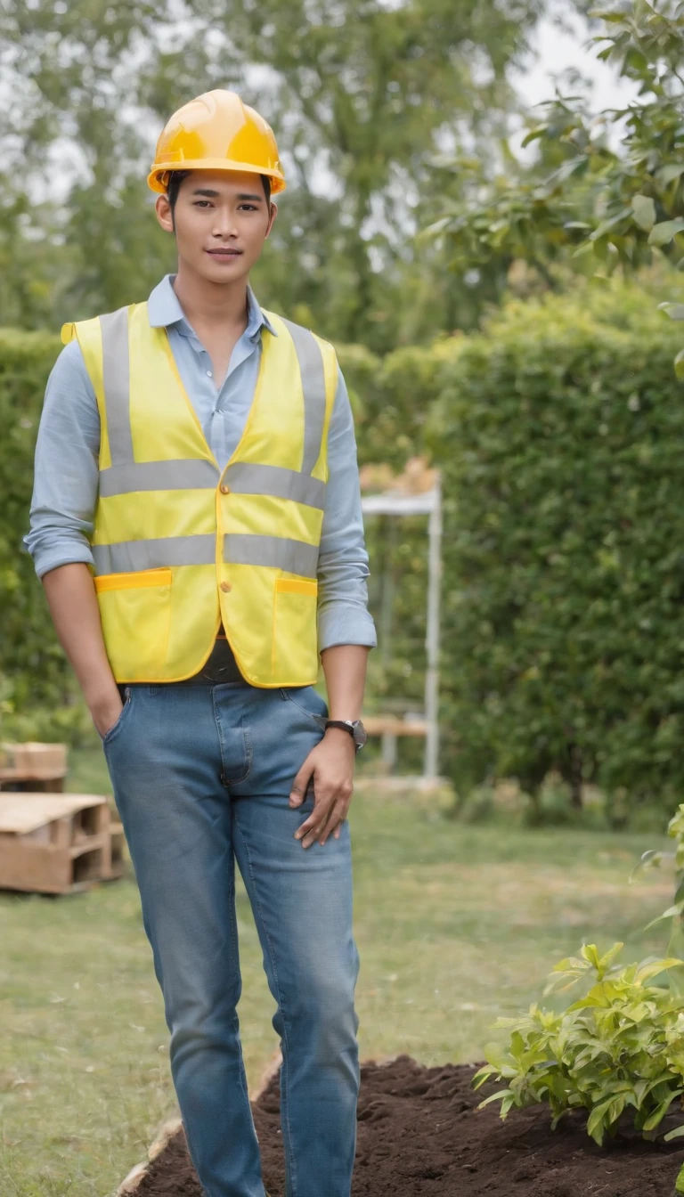 Arafed man in a yellow safety vest standing in a garden - SeaArt AI