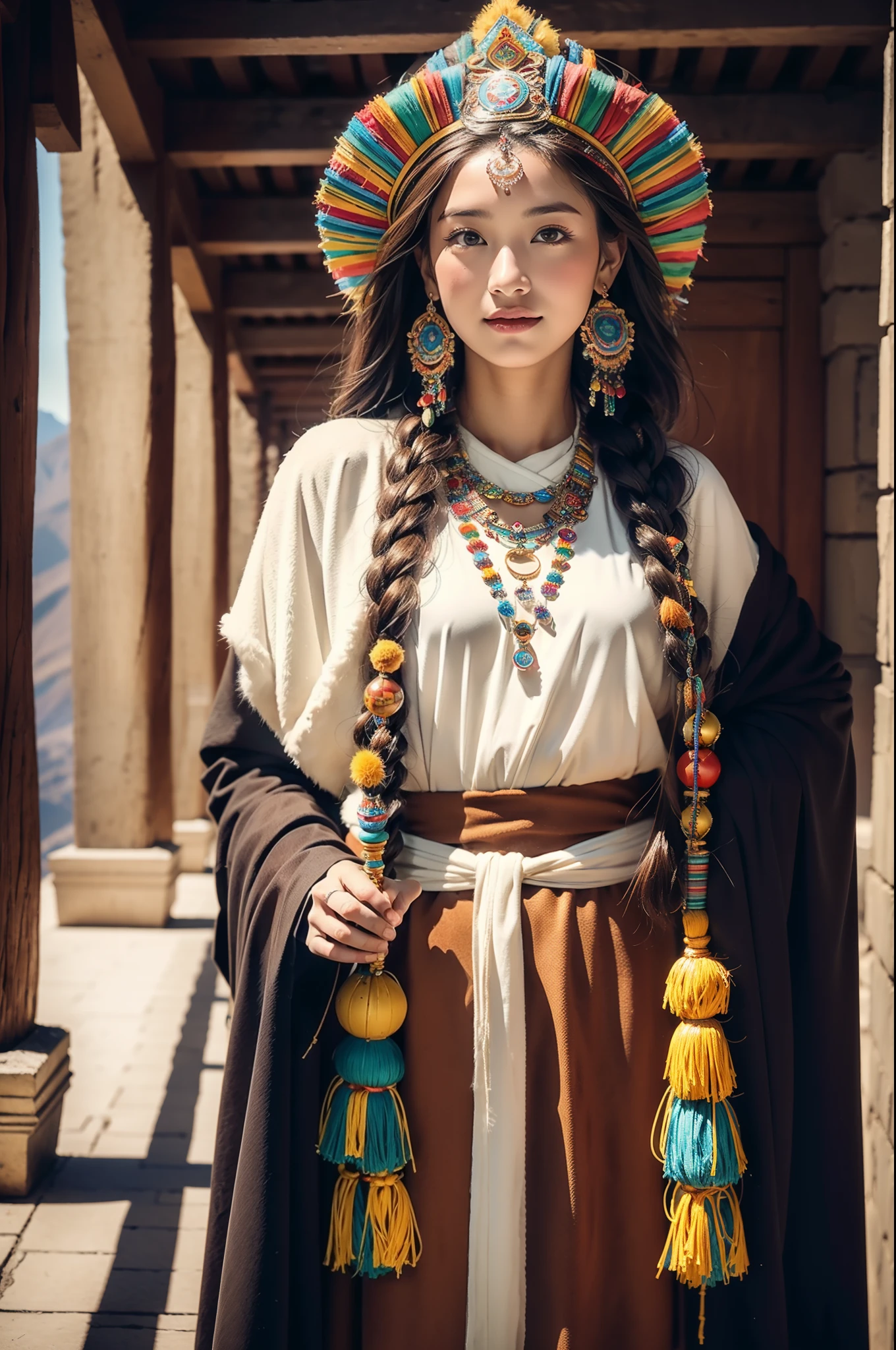 (Лучшее качество,8К,Высокое разрешение,шедевр:1.2),(темно-коричневая кожа, текстурированная кожа, Хайленд раскраснелся, солнечный ожог, загорелый, веснушка), Beautiful Tibetan girl in Дворец Потала, молитвенные флаги，Дворец Потала, Тибетская культура, Яркие глаза, Традиционные тибетские художественные костюмы, Тибетские халаты, Тибетский головной убор, Тибетские украшения, бирюзовый, янтарь, Наблюдайте за аудиторией, Ультратонкие детали, масштабированный. мягкое освещение, ультра - подробный, высокое качество, яркие цвета, боке, HDR, гипер HD, профессиональный стиль фотографии.