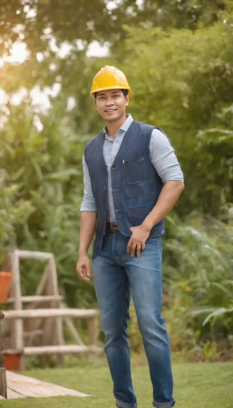 Project background shoot, Garden construction, well drilling construction work on the garden, a male construction worker (handsome construction guy, Indonesian male model, wearing construction vest, wearing yellow construction helmet) is having a discussio...