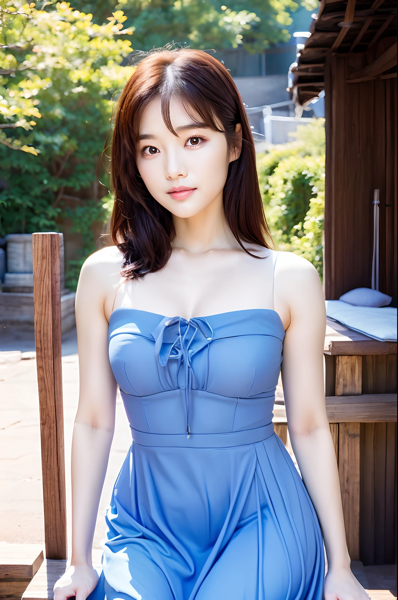 there is a woman posing for a picture in a blue dress, 奈良美智, heonhwa choe, lee ji - eun, lee ji-eun, cute korean actress, kimi takemura, jaeyeon nam, girl cute-fine-face, hwang se - on, chiho, ulzzang, jinyoung shin