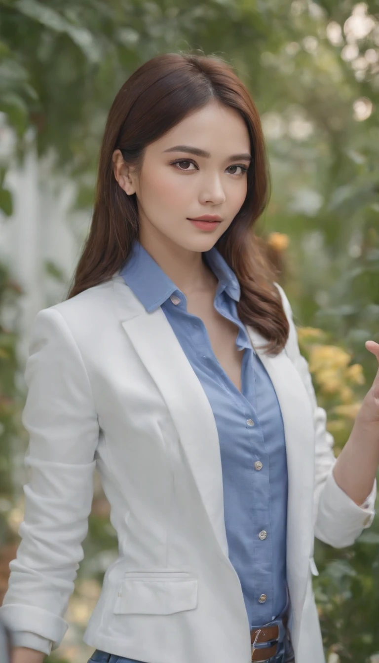 A woman in a white jacket and blue shirt holding a cell phone - SeaArt AI