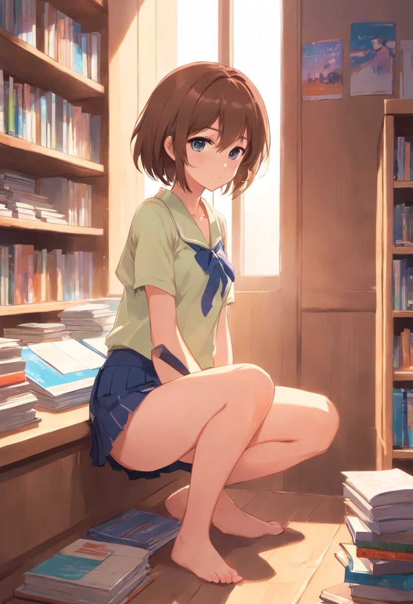 Anime girl sitting on a bookshelf with a lot of books - SeaArt AI