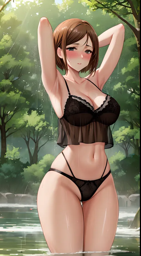 (masterpiece), (best quality), (ultra detailed), 1girl, she is drenched, sexy pose, raining, blush,medium breasts, wearing lacy camisole, happy, looking at viewer, large hair, brown hair, in the park with trees, shy, wet clothes, show bra through wet camis...
