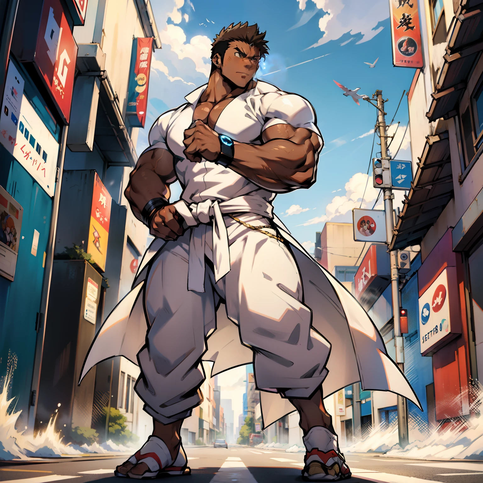 ((Anime style art)), Extremely muscular masculine character,dancer, brown skin, n white robes, wind , futuristic city street 
AS . Main character from the anime, superhero, Nice image, Hard drive, 4k, Main