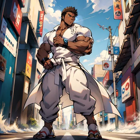 ((Anime style art)), Extremely muscular masculine character,dancer, brown skin, n white robes, wind , futuristic city street 
AS...