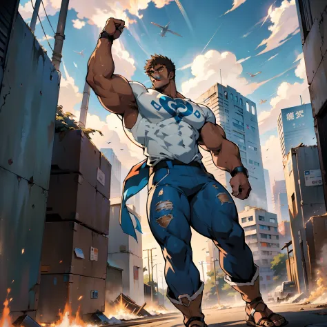 ((Anime style art)), Extremely muscular masculine character, dancer, 40 feet tall giant, brown skin, white tatters rags rags, wi...