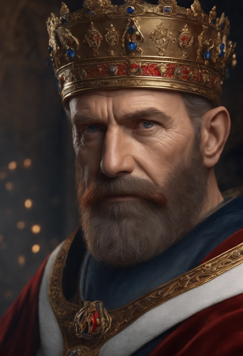 Arafed man with a blue crown and robe, red-haired and graying medieval king, red-haired beard, thinning beard, age 50 years, short hair, portrait of emperor of humanity, highly detailed character, painted in high resolution.