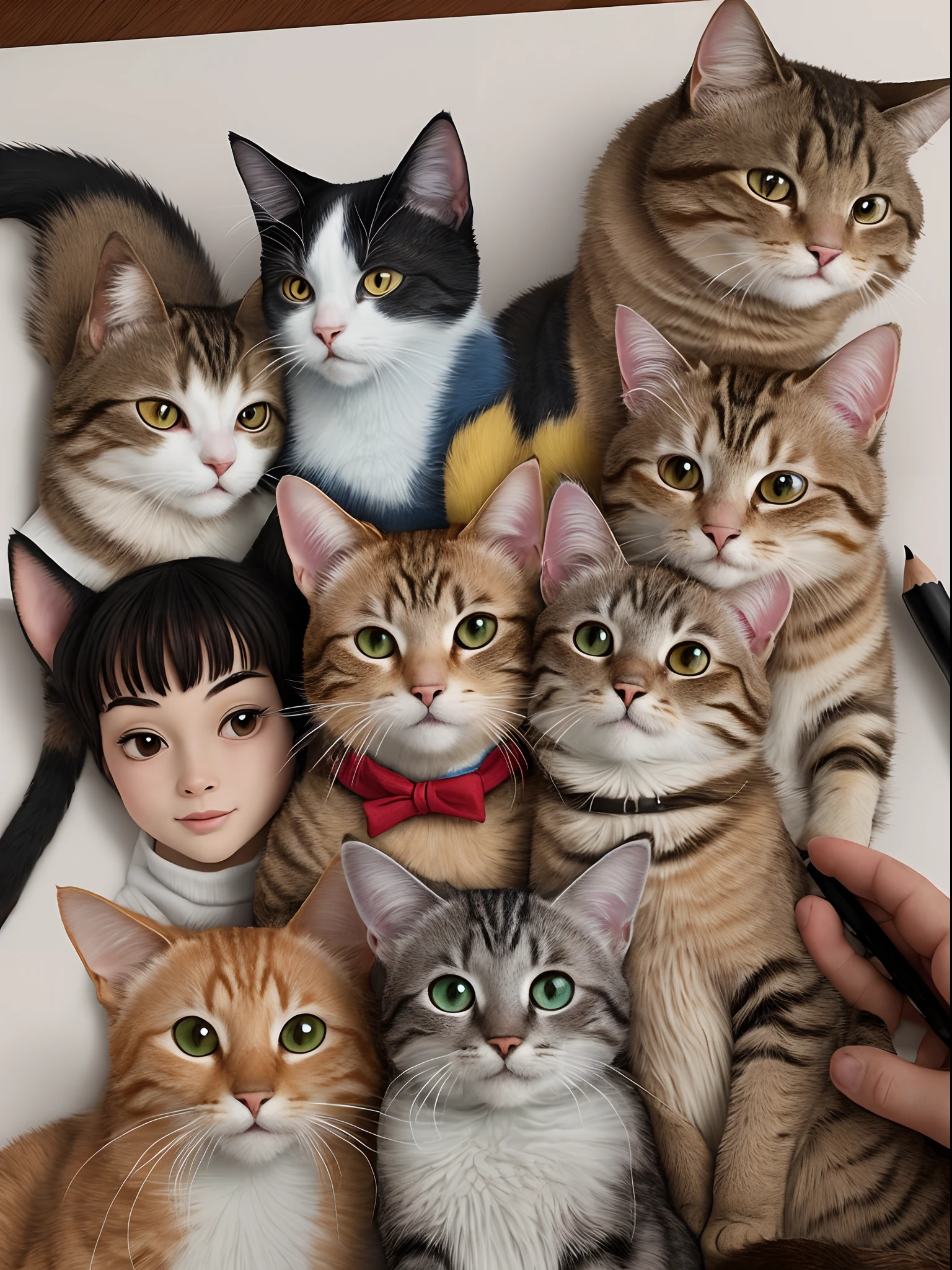 There are many cats that are sitting together on a table - SeaArt AI