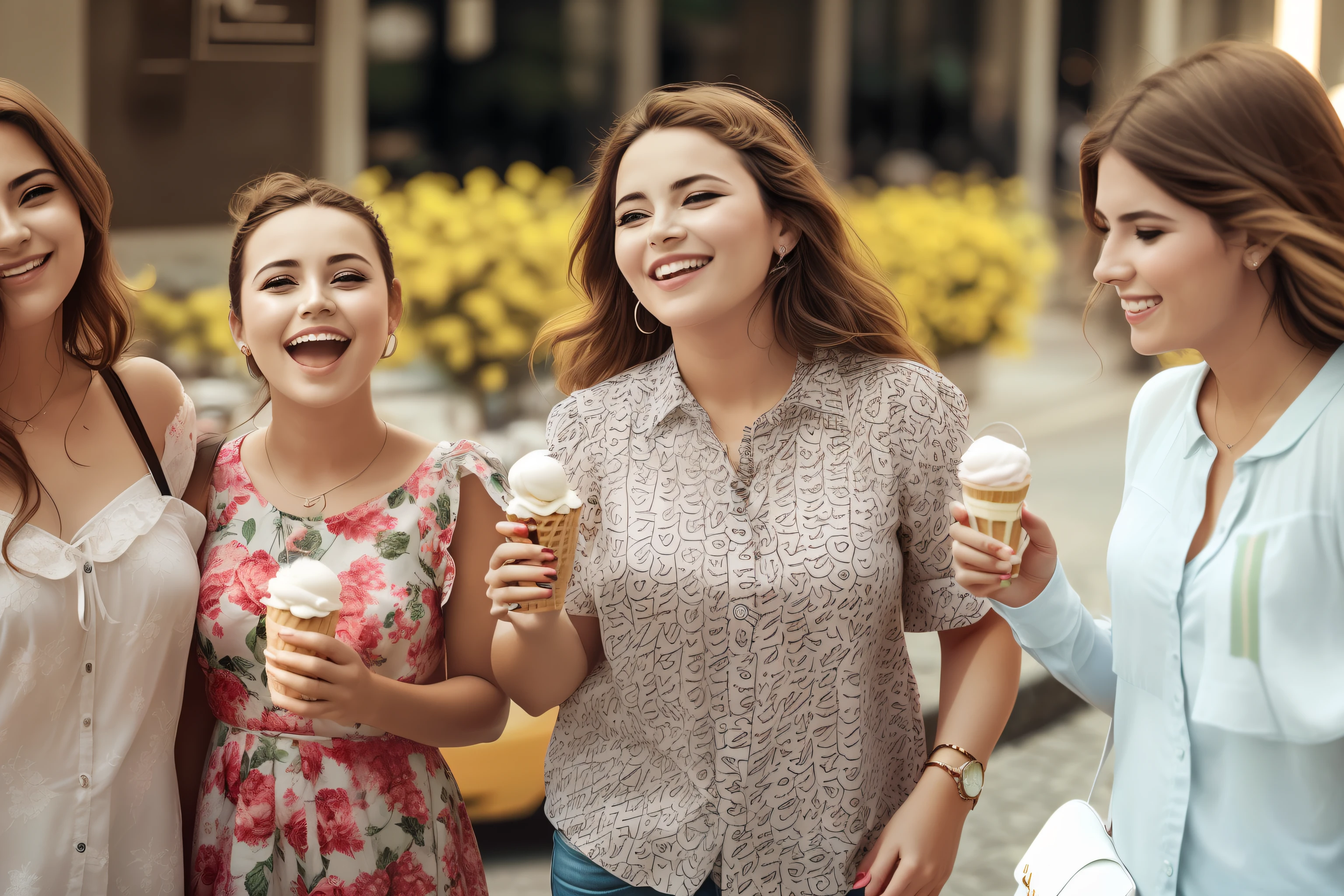 Tres mujeres están juntas y comiendo conos de helado - SeaArt AI