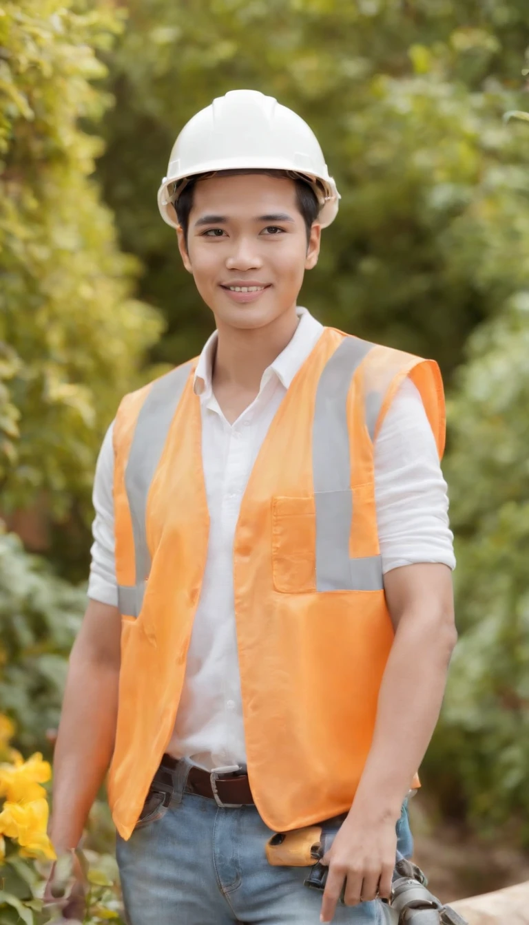 A close up of a person wearing a hard hat and a vest - SeaArt AI