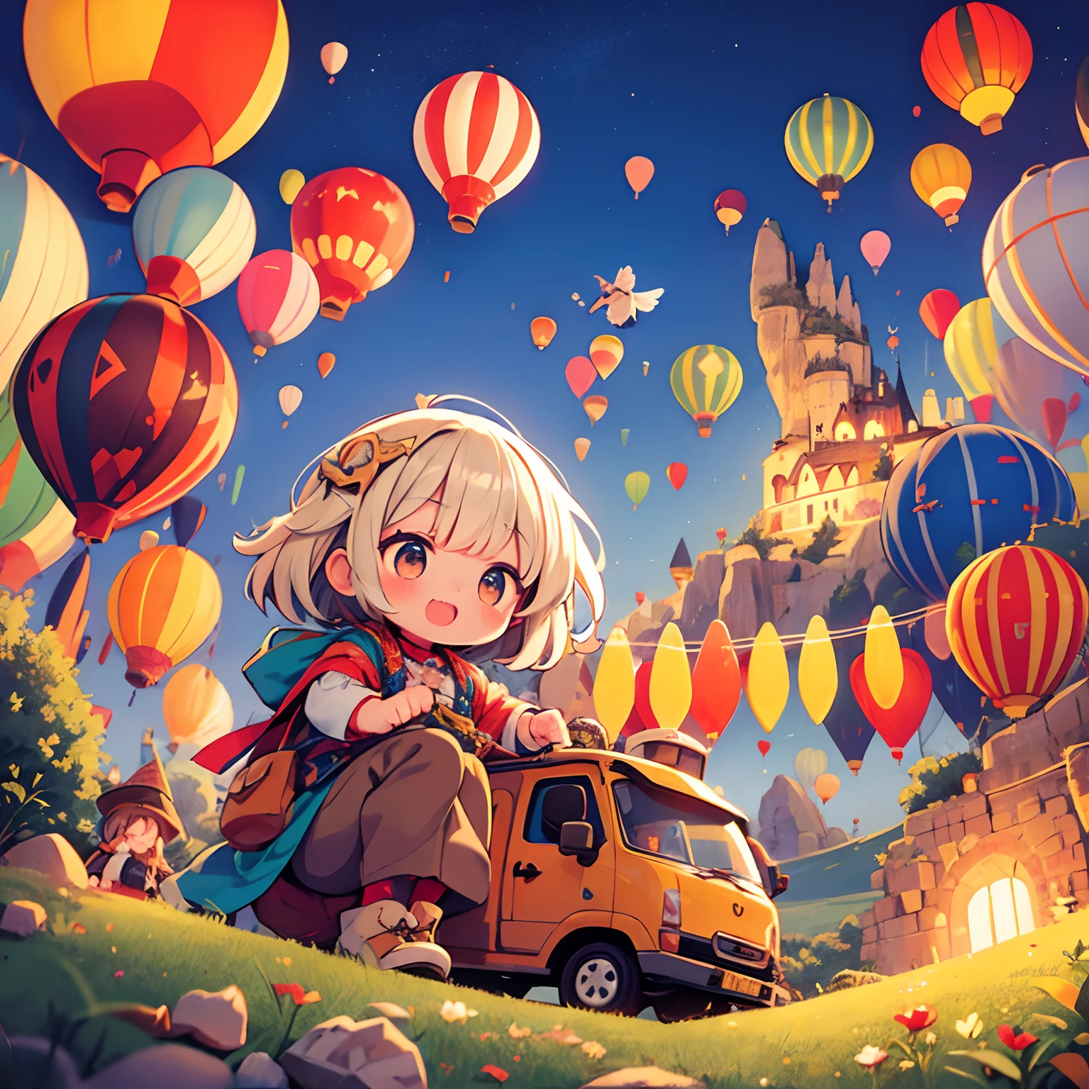 Turkey Travel、Cappadocia、Fairy chimney、Strange rocks、Lots of air balloons、Kawaii Girl、happily face、Turkish national costume、Brown skin、​masterpiece、top-quality、Top image quality