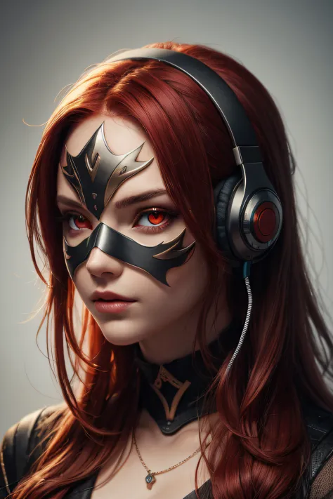 girl with long red hair, red eyes, futuristic vibes, mask on mouth, headphones, 8k, high quality, simple background, glowing eye...