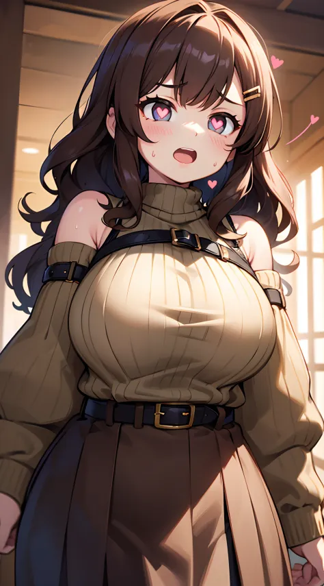 masterpiece,best quality,ultra detailed,8k,tall,big female,gigantic breasts,young,20 years old,medium hair,wavy hair,brown hair,hairclip,brown sweater,ribbed sweater,bare shoulders,detached sleeves,belt buckle,black tights,strapless,:o,blush,sweat,heavy br...