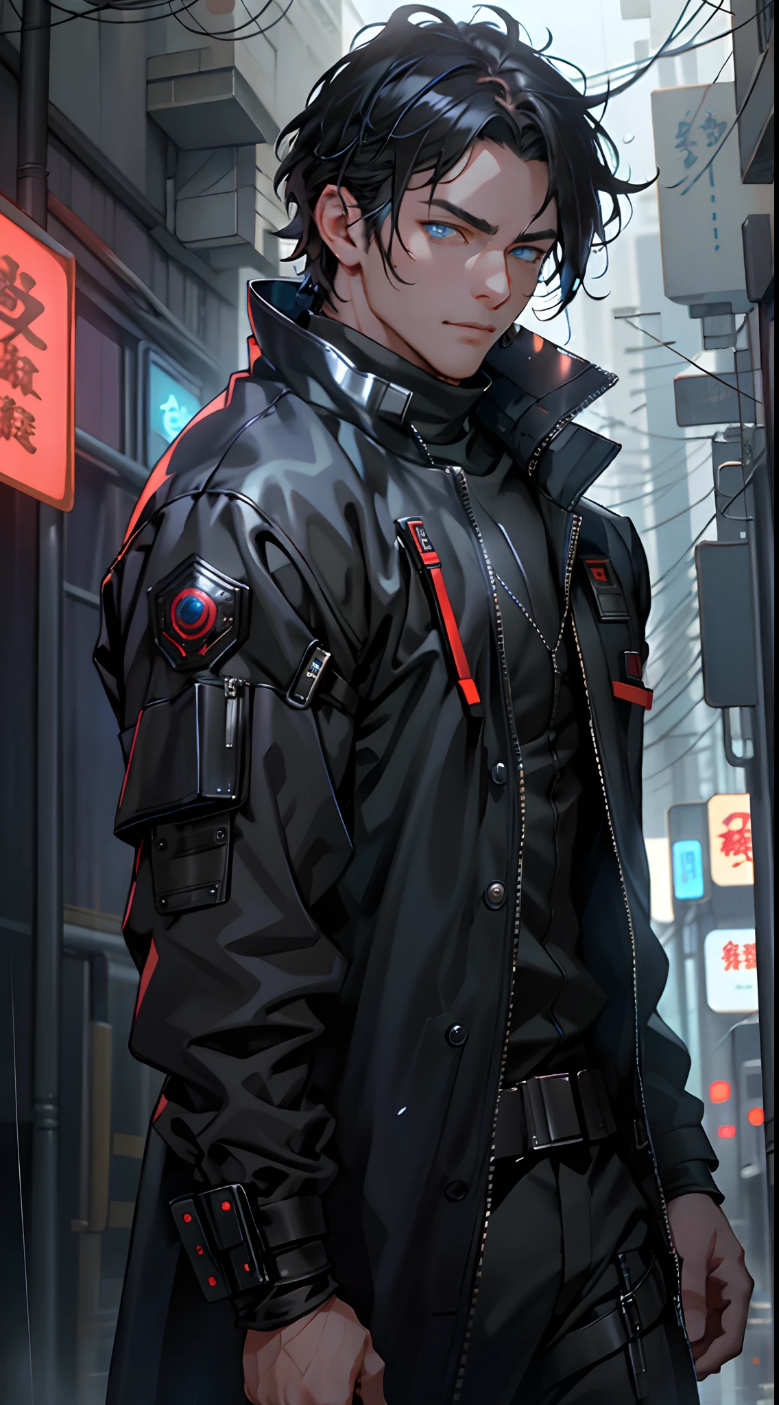 Extremely delicate CG Unity 8K wallpaper，Stunning details，Best picture quality，Blue-eyed cyberpunk character，Dark boy，tmasterpiece，Need，Ultra-high resolution，shoun，(with short black hair)，Handsome man，Walk in the rain，glomy，Glowing blue eyeusculature